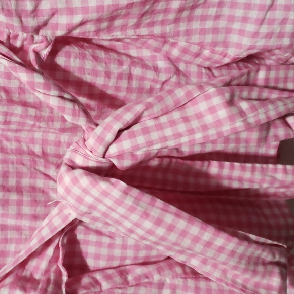 Beach Lunch Lounge Women Pink White Checkered Sleeveless Top Wrap Blouse Small - Picture 5 of 5